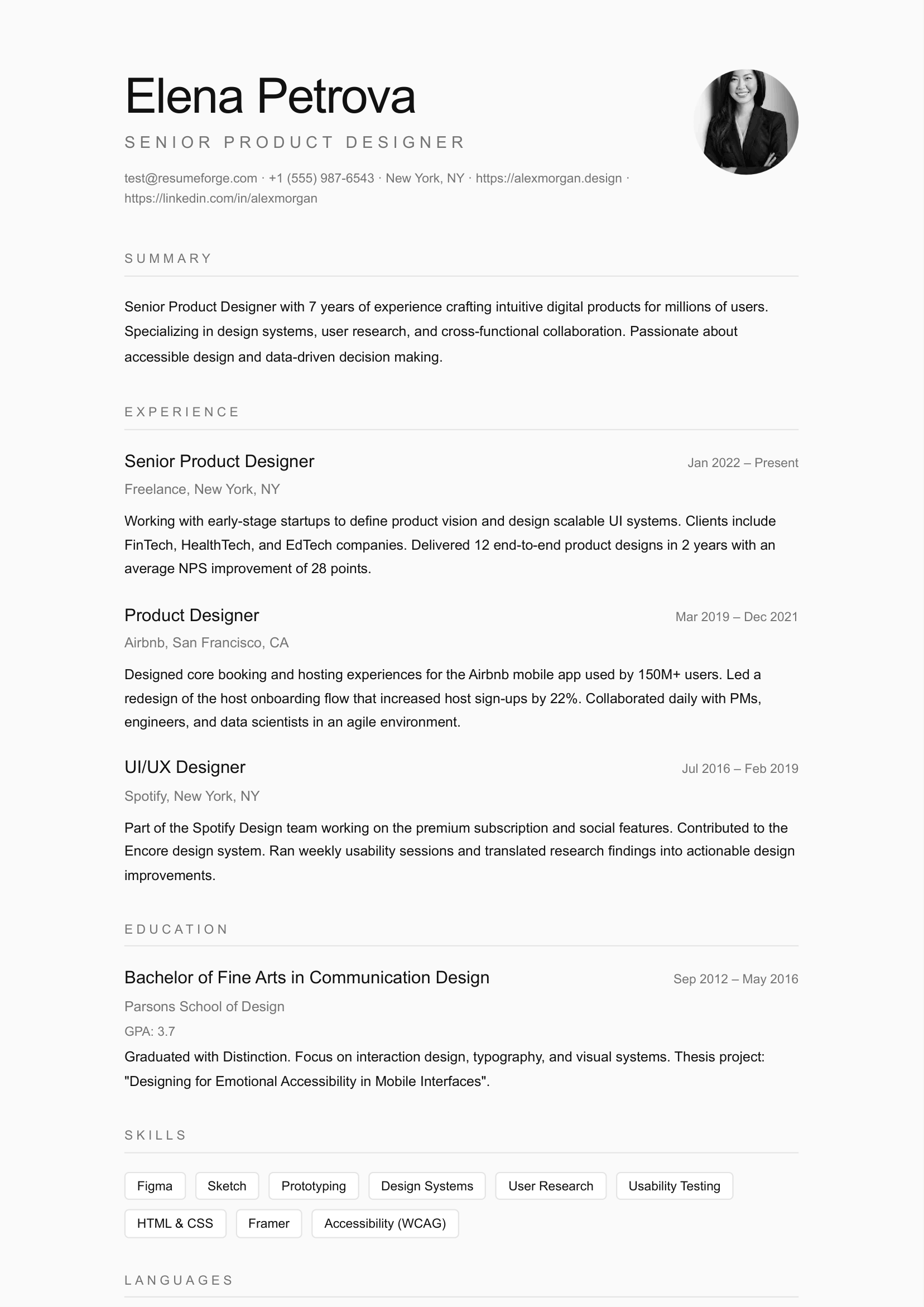 Minimal resume template preview