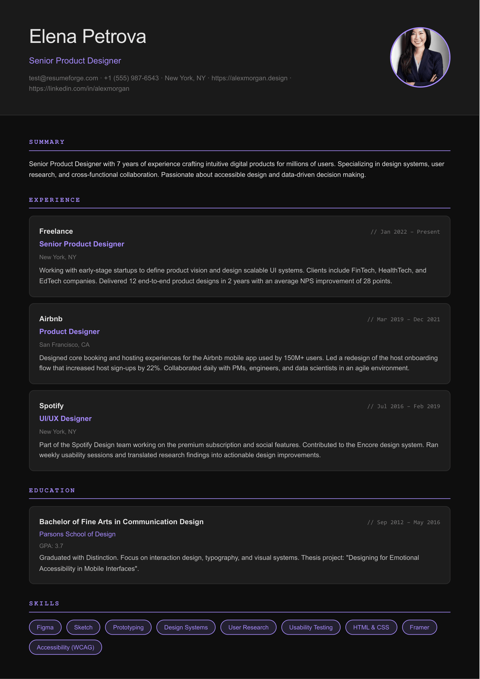 Noir resume template preview