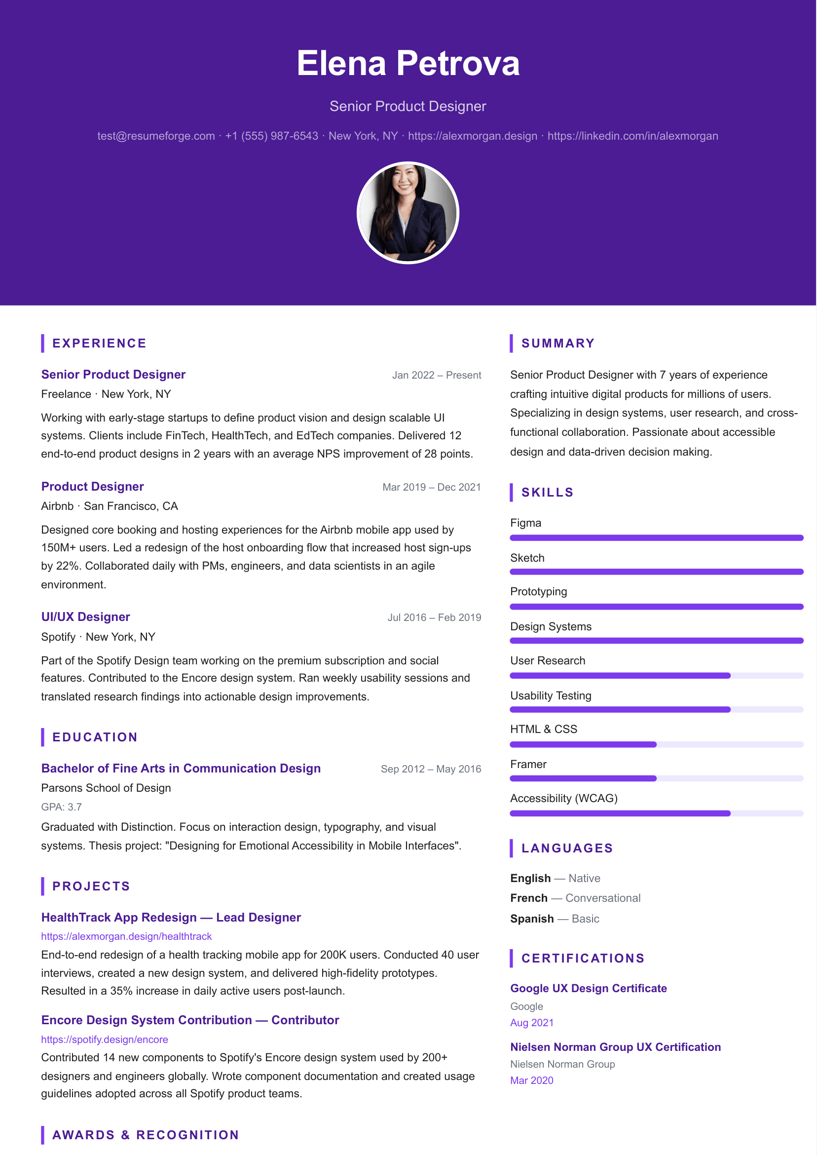 Violet resume template preview
